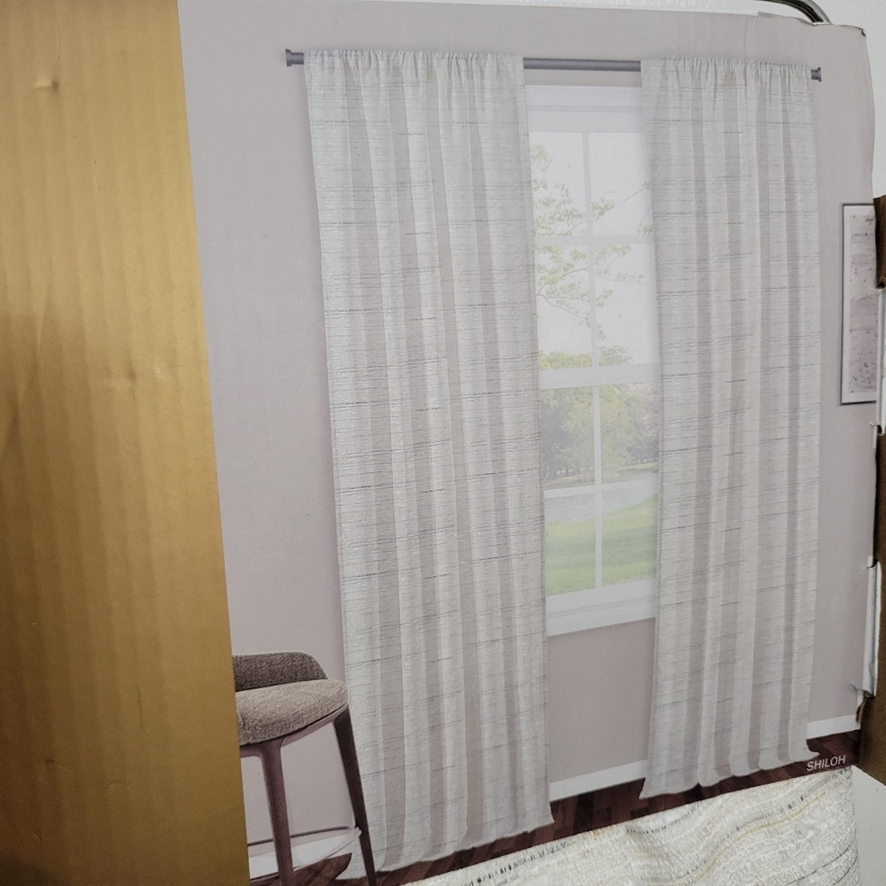 CURTAIN pair, NEW. Beige, white, gray. 38"×84" each